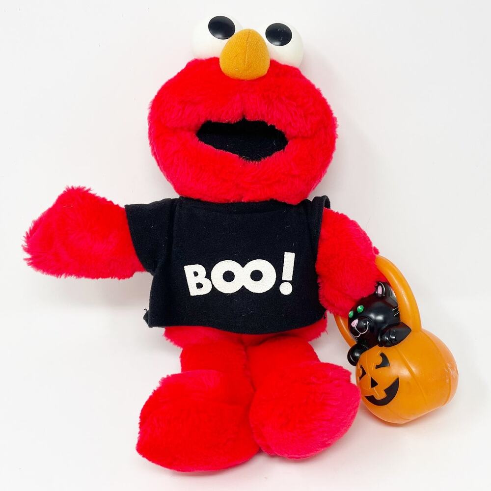 VTG Elmo Halloween 12" Talking TYCO Plush Pumpkin Pale Black Cat Boo Shirt 1997